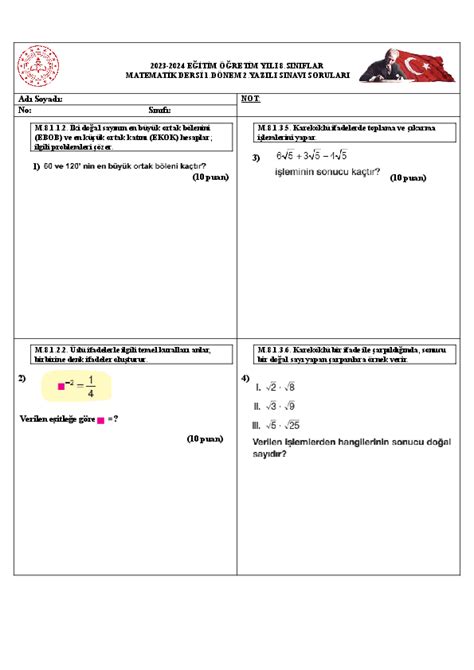 8 sınıf matematık 1 donem 1 yazılı